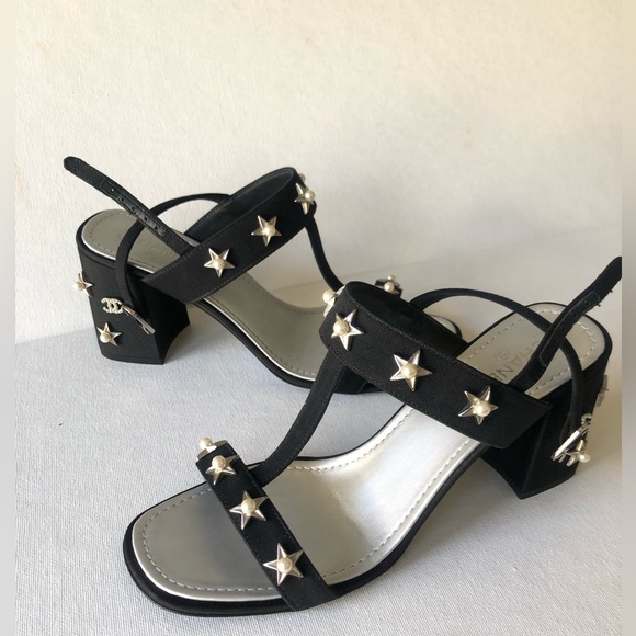Chanel Black Star-Studded Pearl embellished grosgrain T-Strap Heels sandals MK - Picture 7 of 11